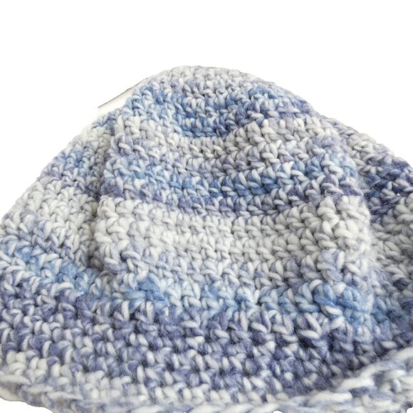 Blue Wool Slouchy Cap Striped Hat Baggy Beanie Handmade Crochet Hand Knit USA OS - Picture 7 of 7